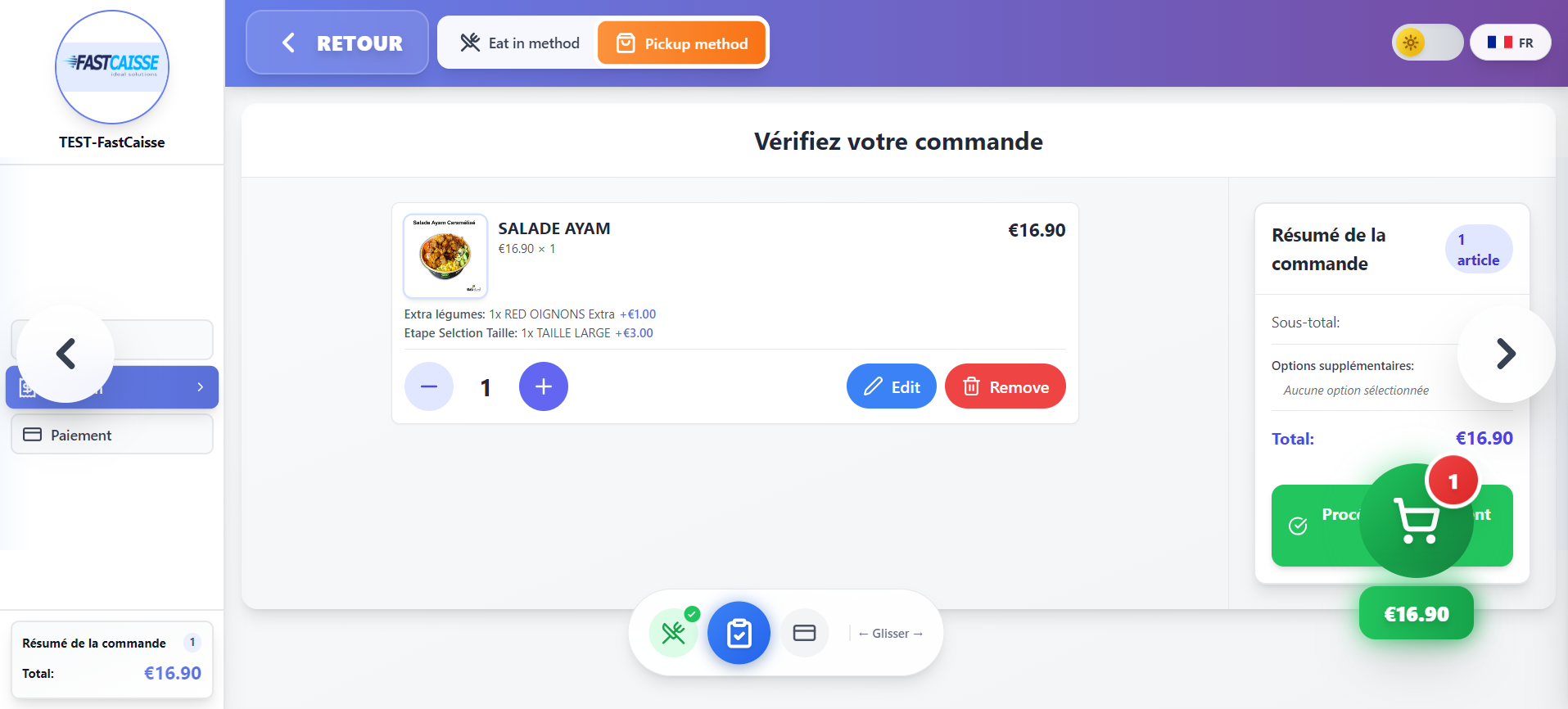 Écran de révision de la commande
